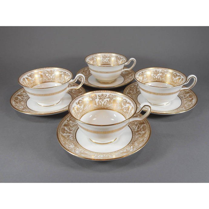 4 Wedgwood Bone China Cup and Saucer Sets - Florentine Pattern W4219, Gold Gilding on White - Dragons Griffins - Footed Teacup, Peony Shape - Old Green Urn Backstamp Mark - Excellent Estate Condition