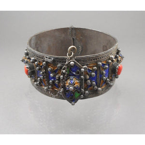 Antique Vintage Moroccan Silver Bracelet - Multicolor Enamel with Coral Stone Cabochons - Large and Heavy Hinged Bangle with Pin Closure - Handmade, North Africa - Old Berber, Ethnic, Tribal, Jewelry