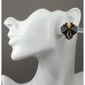 Vintage 1950s Clip On Earrings Black Champagne Plastic Rhinestone Bead Clusters