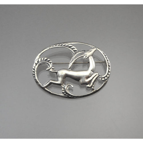 Antique or Vintage Art Deco Leaping Gazelle Sterling Silver Brooch Scenic Pin
