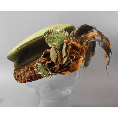 Vintage circa 1995 Cheri A. Ellis Duende Handmade Ladies Hat -  Green and Brown Velvet - Flowers, Leaves, Feathers - Made in USA, Seattle Artist