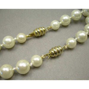 A Pair of Vintage Flapper Style Faux Pearl Strand Necklaces - 51" and a 65" Strings - 12mm Glass Beads - Gold Tone Clasps