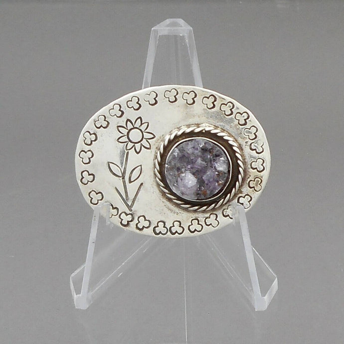 Vintage Handmade Drusy Quartz Sterling Silver Brooch - Natural Purple Stone - Artisan Crafted, Southwestern Style Pin