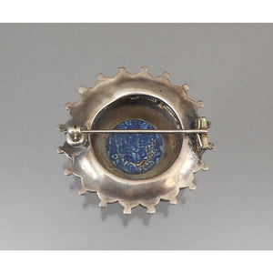 Antique Victorian Era Silver Coin Brooch - Enameled William IV 1836 Half Crown Replica - Sterling or Coin Silver * - Cobalt Blue, White and Green