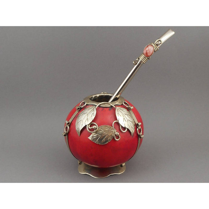 Vintage Handmade Argentinian Footed Tea Gourd and Bombilla Straw - Red Yerba Mate Cup with Alpaca Silver Foot and Leaf Decoration - Rhodochrosite Gemstone