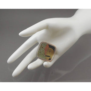 Vintage Mexican Artisan Metales Casados Parrot Brooch - Sterling Silver, Brass and Copper Married Metals with Inlaid Crushed Green Stone - Hand Made Pin, Signed CP