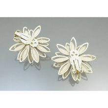 Load image into Gallery viewer, Vintage 1950s Enamel Flower Earrings Purple and White Clip Ons with AB Rhinestones Mid Century Era Daisy or Chrysanthemum Design