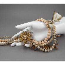 Load image into Gallery viewer, Vintage Signed Lenora Dame for Anthropologie Multi Strand Necklace - Wood, Stone, Faux Pearl, Glass Beads - Gold Tone Mesh, Filigree, Rhinestone Daisy Flower - Silk Ombre Ribbon - Adjustable Length