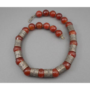 Vintage Handmade Syrian Middle East Necklace Red Quartz Carnelian Silver Beads