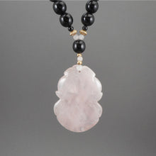 Load image into Gallery viewer, Vintage Carved Rose Quartz Pendant Necklace with Onyx or Black Glass Beads - Fruit and Leaf Design Medallion, Chinese, Asian Style - Pale Pink Stone, 14K Gold Filled and Black Beads