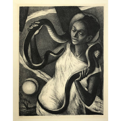 Benton Spruance Original Print - Night in Eden, 1947 - Lithograph, Signed, Limited Edition of 30 - Woman and Serpent, Snake
