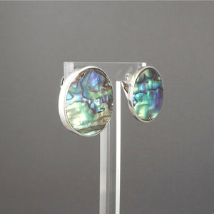 Vintage Abalone Shell Sterling Silver Earrings Button Style Handmade Clip On