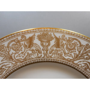 4 Wedgwood Bone China Dinner Plates - Florentine Pattern W4219, Gold Gilding on White - Dragons Griffins - 10 3/4" - Old Green Urn Backstamp Mark - Very Nice Estate Condition