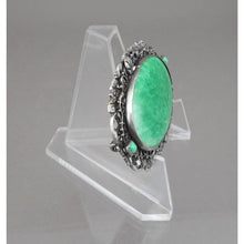 Load image into Gallery viewer, Vintage Victorian Revival Faux Jade Brooch Silver Tone or Plated Green Glass Estate Jewelry Large Statement Pin Circa 1930 / 1940