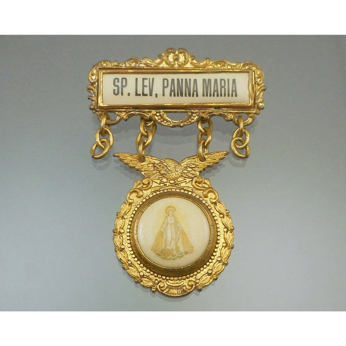 Antique Polish Gilded Catholic Religious Miraculous Medal Pin Panna Maria Mary Celluloid