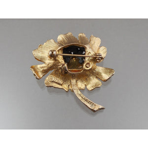 Vintage 1950s HAR Hargo Sunflower Brooch - Off White Enamel Flower Pin with Black Crystals / Rhinestones, Gold Tone - Mid Century Signed Designer Costume Jewelry