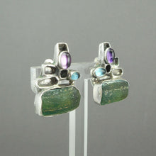 Load image into Gallery viewer, Vintage Handmade Modernist Design Clip On Earrings -  Signed YP - Sterling Silver with Natural Stones, Blue, Green, Purple