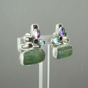 Vintage Handmade Modernist Design Clip On Earrings -  Signed YP - Sterling Silver with Natural Stones, Blue, Green, Purple