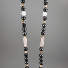 Load image into Gallery viewer, Vintage Carved Rose Quartz Pendant Necklace with Onyx or Black Glass Beads - Fruit and Leaf Design Medallion, Chinese, Asian Style - Pale Pink Stone, 14K Gold Filled and Black Beads