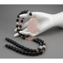 Load image into Gallery viewer, Vintage Carved Rose Quartz Pendant Necklace with Onyx or Black Glass Beads - Fruit and Leaf Design Medallion, Chinese, Asian Style - Pale Pink Stone, 14K Gold Filled and Black Beads