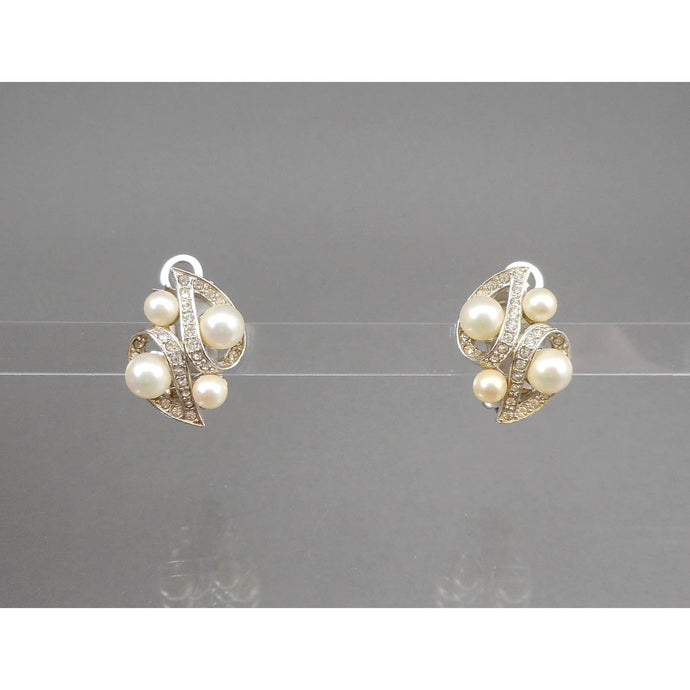 Excellent Vintage Circa 1950 Signed Marvella Earrings - Faux Pearls and Rhinestones, Silver Tone - Clip On - Bridal / Formal