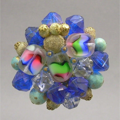 Large Vintage German Givre Glass Cluster Brooch - Carved Art Glass, Flocked Metal and Plastic Beads on Gold Tone Brass Filigree Pin - Blue Green Pink - West Germany