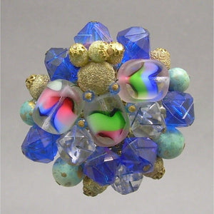 Large Vintage German Givre Glass Cluster Brooch - Carved Art Glass, Flocked Metal and Plastic Beads on Gold Tone Brass Filigree Pin - Blue Green Pink - West Germany