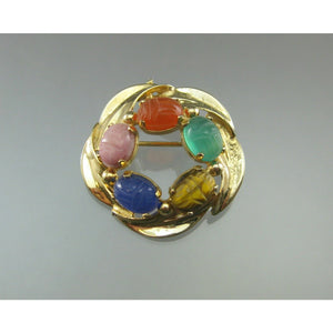 Excellent Vintage Egyptian Revival Brooch by Burt Cassell - 12K Gold Filled Scarab Pin with Semiprecious Stones - Tiger's Eye, Blue and Green Chalcedony, Rhodolite and Carnelian