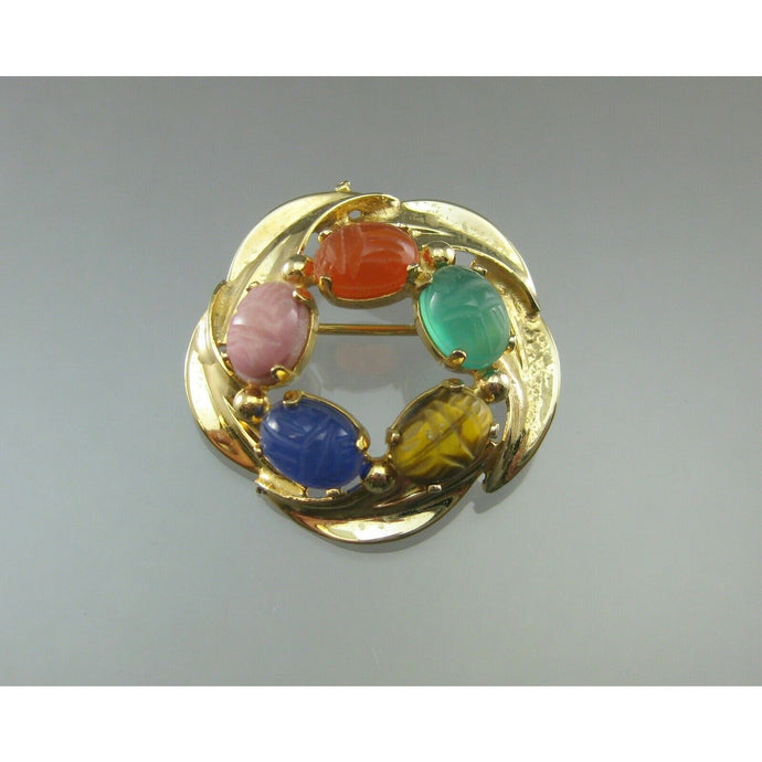 Excellent Vintage Egyptian Revival Brooch by Burt Cassell - 12K Gold Filled Scarab Pin with Semiprecious Stones - Tiger's Eye, Blue and Green Chalcedony, Rhodolite and Carnelian