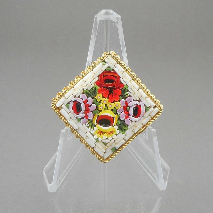 Vintage Italian Glass Micro Mosaic Brooch Pin Gold Tone White w Flowers Italy
