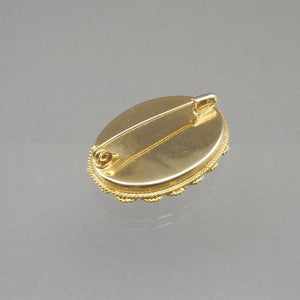 Vintage Italian Glass Micro Mosaic Brooch Pin Gold Tone Oval Flowers Italy Green