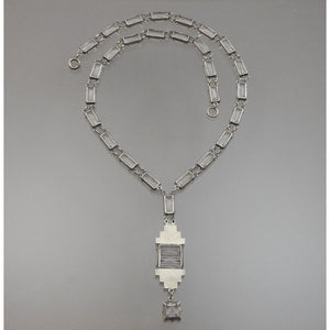 Antique Circa 1920 - 1930 Rock Crystal, Paste Rhinestone and Sterling Silver Necklace Art Deco Era Victorian Revival Style Chain and Pendant