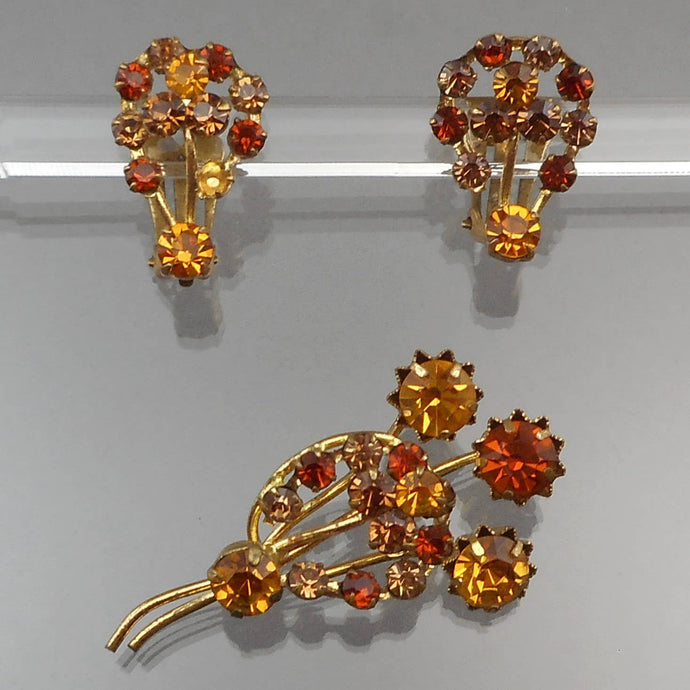 Vintage 1950s Jewelry Set - Austrian Crystals or Rhinestones - Flower Bouquet Design Clip On Earrings and Brooch Pin - Faux Topaz, Gold Tone - Mid Century Estate Collection