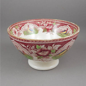 Antique or Vintage French Footed Cafe au Lait Bowl - Red and Polychrome Transferware Pottery Marked PV France - Quail Pattern