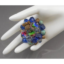 Load image into Gallery viewer, Large Vintage German Givre Glass Cluster Brooch - Carved Art Glass, Flocked Metal and Plastic Beads on Gold Tone Brass Filigree Pin - Blue Green Pink - West Germany