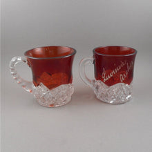 Load image into Gallery viewer, Antique Souvenir Ruby Stain Glass Mini Mug Collection - Lot of 4 Edwardian Etched Red Flash Souvenir Pressed Glass Cups - Chicago, JJC, Luvinia Archer