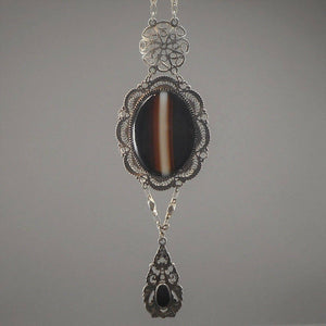 Artisan Assemblage Necklace of Vintage Jewelry Banded Agate Onyx Sterling Silver