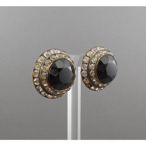 Large Vintage 1950s Clip On Statement Earrings - French Jet (Black Glass) and Rhinestones - Button Style