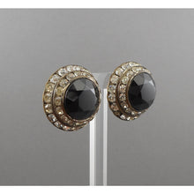 Load image into Gallery viewer, Large Vintage 1950s Clip On Statement Earrings - French Jet (Black Glass) and Rhinestones - Button Style