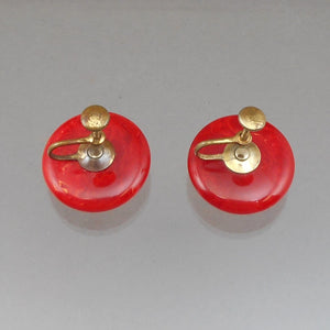 Vintage 1930s / 1940s Bakelite Earrings - Cherry Red Marble - Button Style with Screw Backs - Early Plastic Estate Costume Jewelry