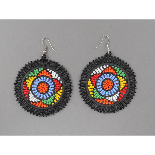 Vintage Kenyan African Maasai Beaded Earrings - Multicolor Glass Seed Bead Star Design Dangle - Handmade Ethnic, Tribal, Jewelry