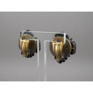 Vintage 1950s Clip On Earrings Black Champagne Plastic Rhinestone Bead Clusters