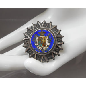 Antique Victorian Era Silver Coin Brooch - Enameled William IV 1836 Half Crown Replica - Sterling or Coin Silver * - Cobalt Blue, White and Green