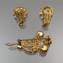 Load image into Gallery viewer, Vintage 1950s Jewelry Set - Faux Topaz Austrian Crystals or Rhinestones, Gold Tone - Flower Bouquet Design Clip On Earrings and Brooch Pin - Mid Century Estate Collection