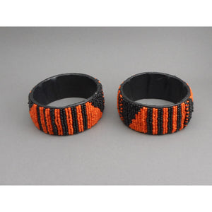 Pair of Vintage Zulu African Maasai Beaded Bracelets - Orange and Black Glass Seed Bead Stacking Bangles - Handmade Ethnic, Tribal, Jewelry