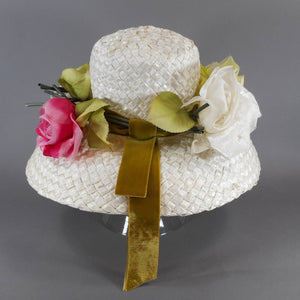 Vintage Frederick's Ladies White Straw Picture Hat - Easter, Spring, Summer, Kentucky Derby - Pink Yellow Silk and Velvet Flowers, Green Ribbon