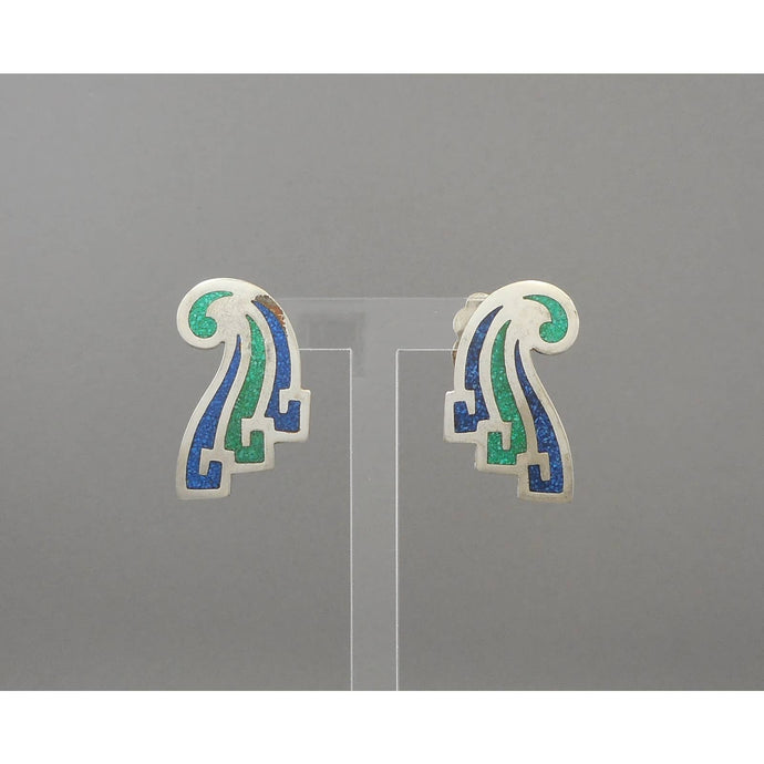 Vintage Mexican Artisan Turquoise and Lapis Earrings - Alpaca Silver with Inlaid Crushed Green and Blue Stone - Mosaic Design - Hand Made in Mexico