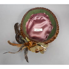 Load image into Gallery viewer, Vintage circa 1995 Cheri A. Ellis Duende Handmade Ladies Hat -  Green and Brown Velvet - Flowers, Leaves, Feathers - Made in USA, Seattle Artist