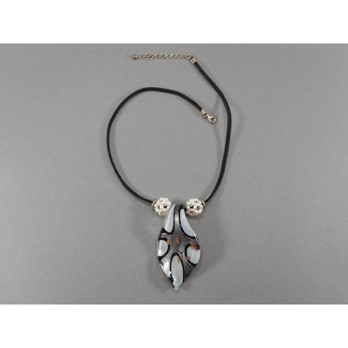 Vintage Murano Venetian Glass Leaf Pendant Necklace - with Stitched Baroque Seed Pearls on Black Suede Leather Cord - Black and White / Gold Aventurine and Silver Foil - Sterling Silver Findings - Estate Collection Jewelry