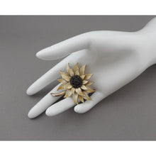 Load image into Gallery viewer, Vintage 1950s HAR Hargo Flower Brooch Pin - Off White Enamel with Black Crystals / Rhinestones, Gold Tone - Mid Century Signed Designer Costume Jewelry